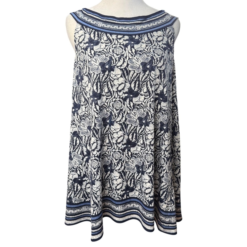 Max Studio Floral Sleeveless Top Women XS Boho Coastal Woodblock Boat Neck Comfy